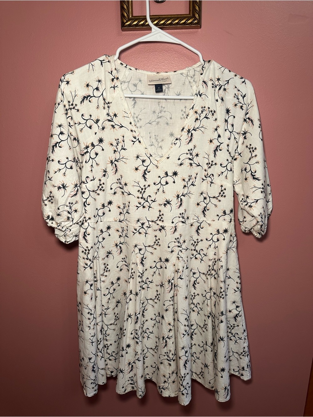 Universal Thread Cream Floral V-Neck Babydoll Dress with Black Print